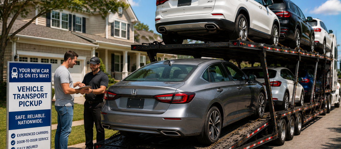 Purchased vehicle shipping with a recently bought car being loaded onto an open auto transport carrier