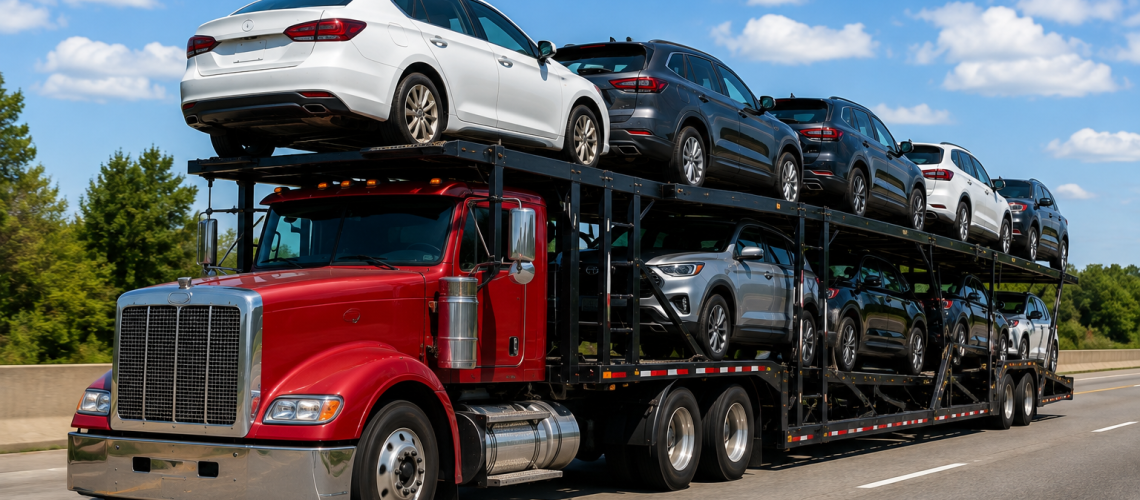 Interstate vehicle shipping with cars traveling on an open auto carrier