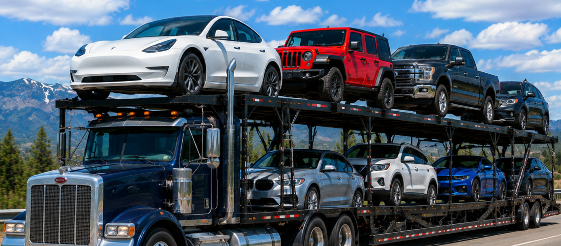 Open vehicle transport carrying cars, an SUV, and a pickup on an open auto carrier