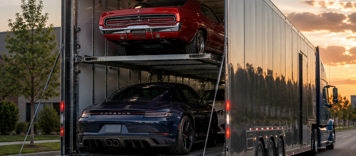 Enclosed vehicle transport loading a classic car into a covered auto carrier