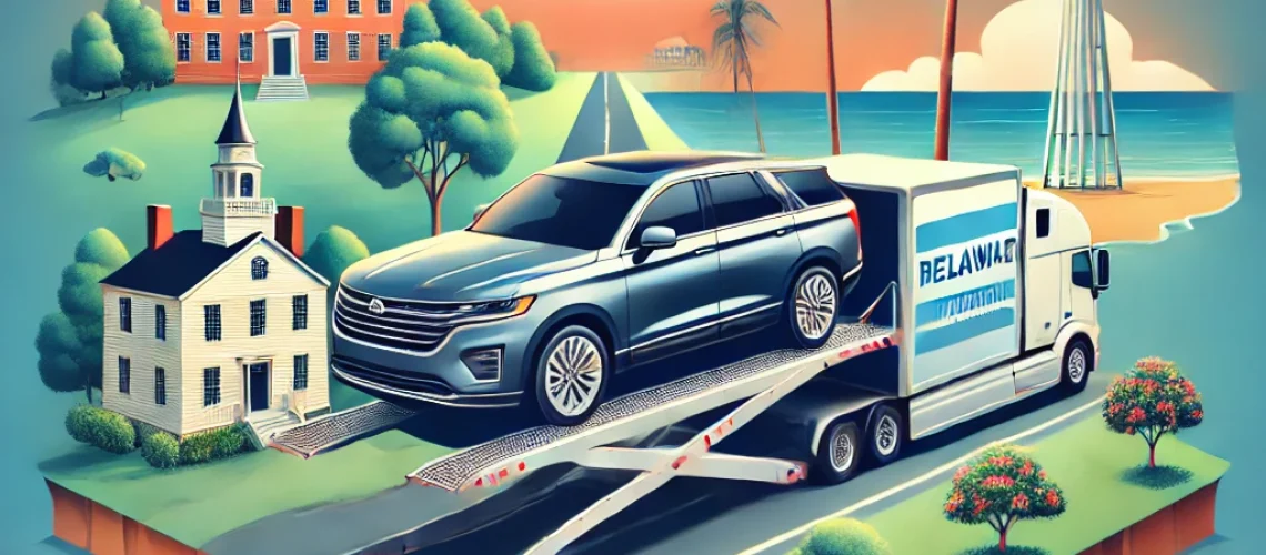 DALL·E 2025-01-04 21.35.02 - A professional and visually engaging graphic showcasing car moving services from Delaware to Florida. The image features a sleek car being loaded onto