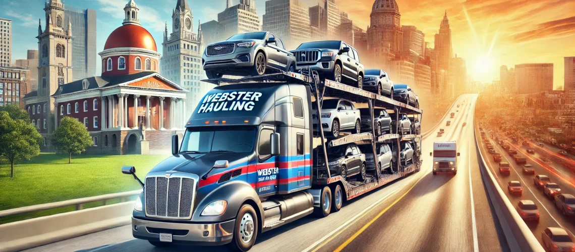 DALL·E 2025-01-17 08.24.14 - A professional auto transport truck driving on a highway, carrying multiple vehicles. The background transitions from the historic landmarks of Massac