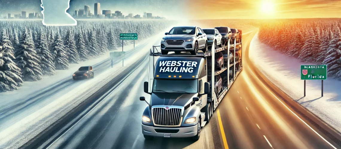 DALL·E 2025-01-17 08.32.37 - A professional auto transport truck driving on a highway, carrying multiple vehicles. The background transitions from Minnesota’s snowy landscapes to