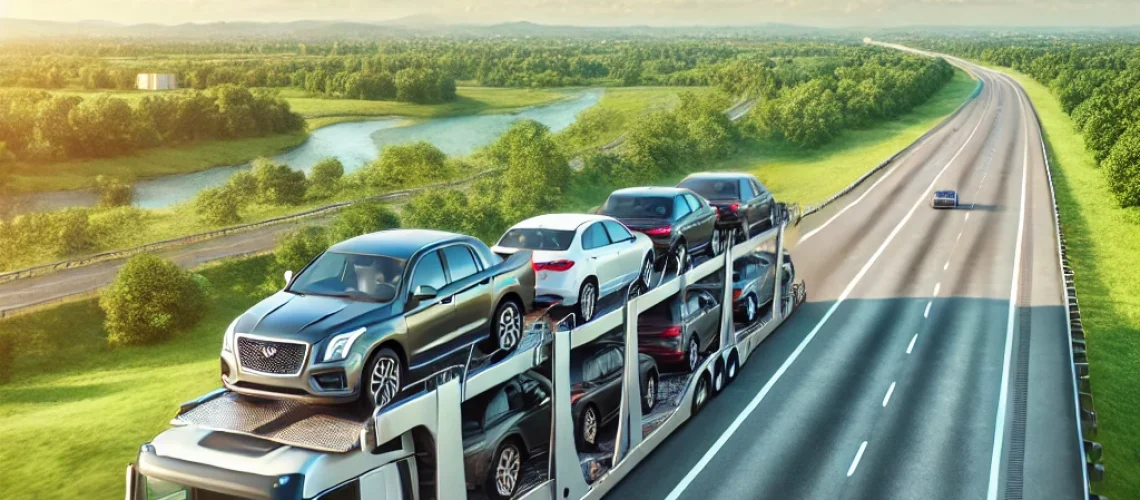 DALL·E 2025-01-17 09.38.15 - A professional car hauling service truck transporting multiple vehicles on a scenic highway, representing a move from Maryland to Florida. The image s