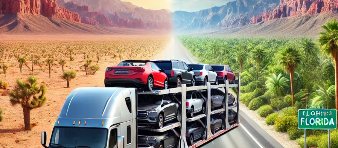 DALL·E 2025-01-21 22.10.38 - A modern car carrier truck transporting multiple vehicles on a highway, with a scenic background of Nevada’s desert landscapes transitioning into Flor