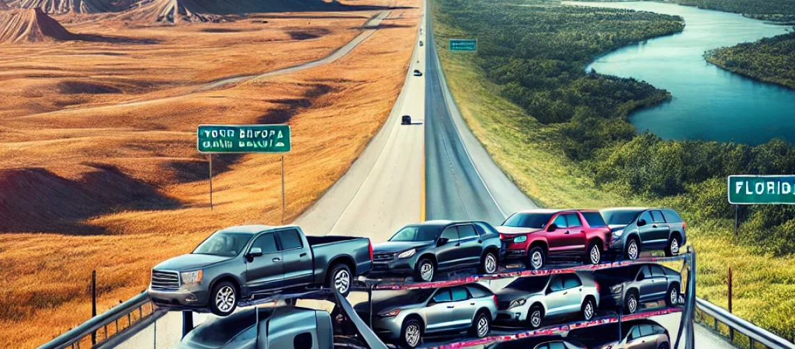 DALL·E 2025-01-21 22.25.20 - A modern car carrier truck transporting multiple vehicles on a highway, with a scenic background of North Dakota’s vast plains and rugged badlands tra