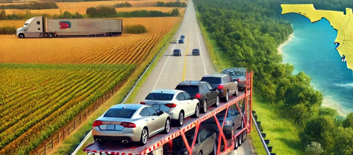 DALL·E 2025-02-12 19.54.21 - A modern car carrier truck transporting multiple vehicles on a highway, with a scenic background of Wisconsin’s rolling farmland and lakes transitioni