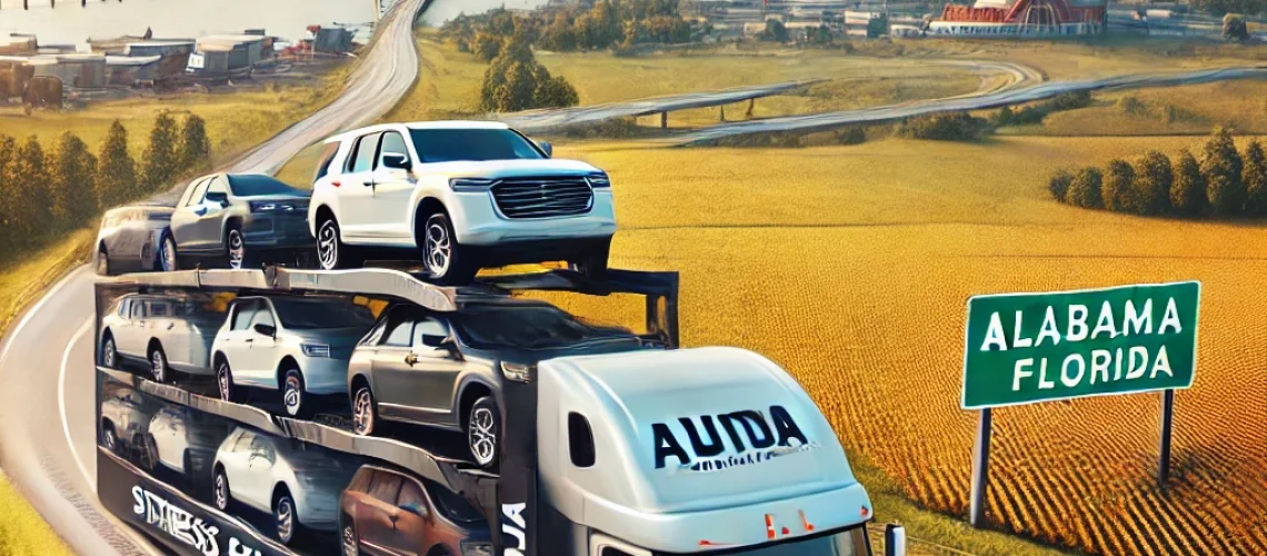 DALL·E 2025-02-12 20.26.37 - A modern car carrier truck transporting multiple vehicles on a highway, with a scenic background of Alabama’s rolling farmlands and coastal areas tran