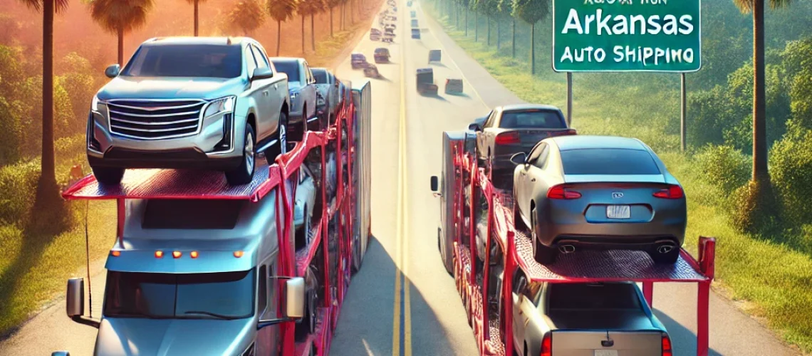 DALL·E 2025-02-12 21.03.48 - A modern car carrier truck transporting multiple vehicles on a highway, with a scenic background of Florida’s palm-lined roads transitioning into Arka