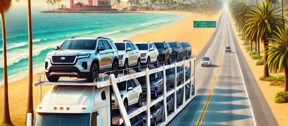 DALL·E 2025-02-12 21.44.18 - A modern car carrier truck transporting multiple SUVs on a highway, featuring a transition from Florida’s tropical palm-lined roads to California’s sc