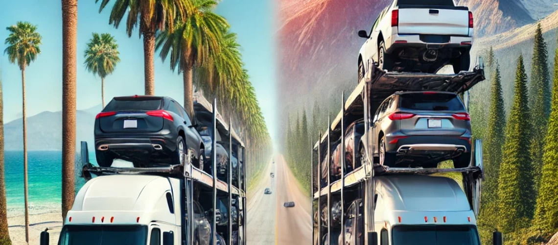 DALL·E 2025-02-18 21.23.49 - A modern car carrier truck transporting multiple vehicles on a highway from Florida to Idaho. The truck is driving past palm trees in Florida, transit