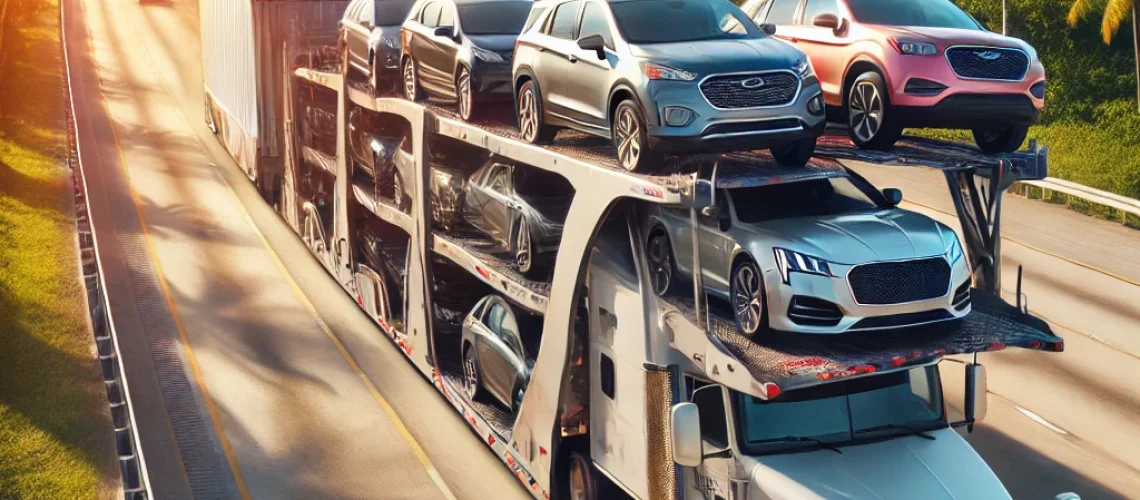 DALL·E 2025-02-18 21.32.38 - A modern car carrier truck transporting multiple vehicles on a highway from Indiana to Florida. The truck is leaving the Indiana farmlands behind, tra