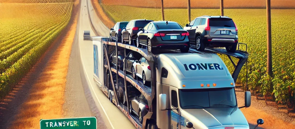 DALL·E 2025-02-18 21.35.06 - A modern car carrier truck transporting multiple vehicles on a highway from Iowa to Florida. The truck is leaving the rolling farmlands of Iowa behind