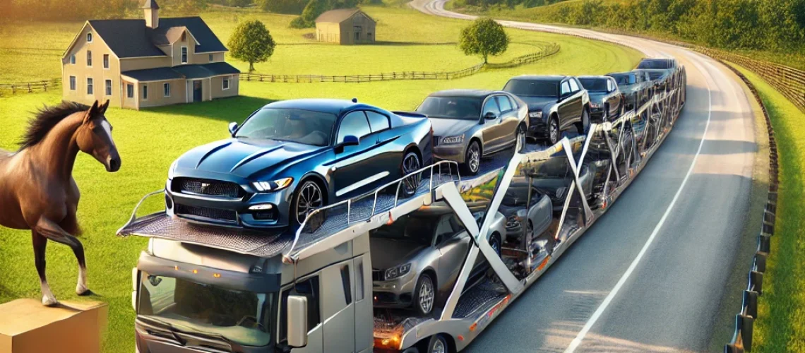 DALL·E 2025-02-18 21.39.46 - A modern car carrier truck transporting multiple vehicles on a highway from Kentucky to Florida. The truck is leaving the rolling hills and horse farm