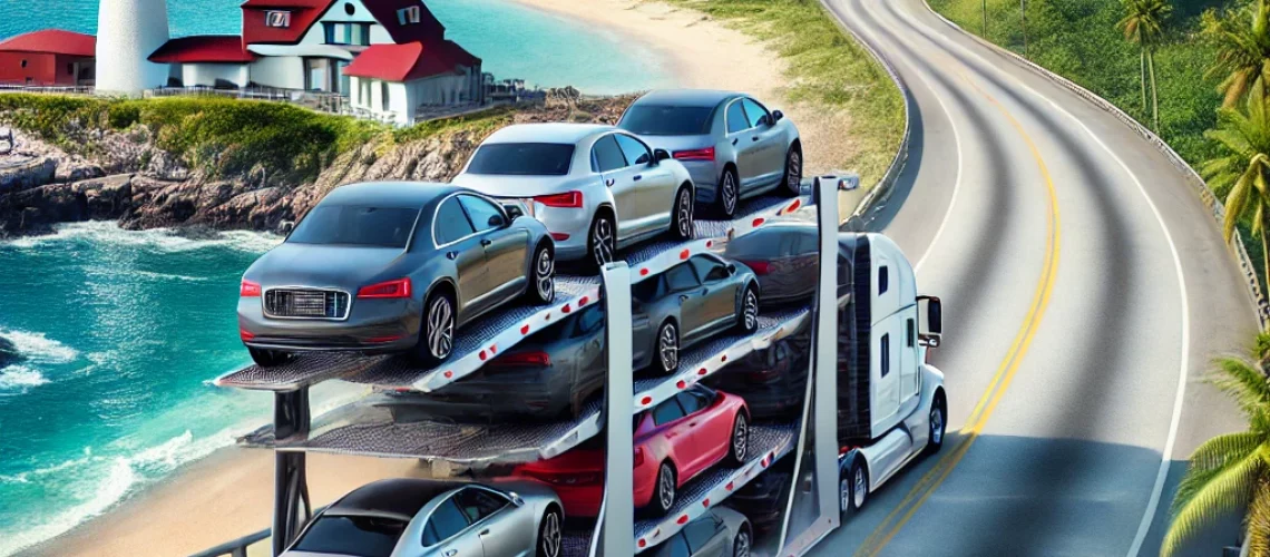 DALL·E 2025-02-19 09.50.29 - A modern car carrier truck transporting multiple sedans on a highway from Maine to Florida. The truck is leaving behind Maine's rugged coastline and l