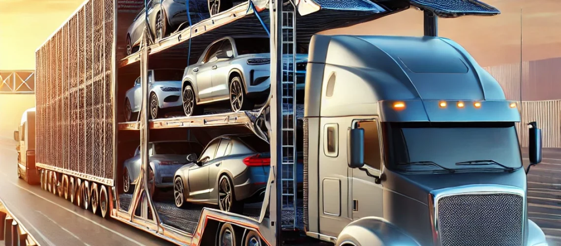 DALL·E 2025-02-23 19.52.34 - A professional auto transport truck carrying multiple vehicles on an open and enclosed trailer. The scene showcases secure vehicle transportation with