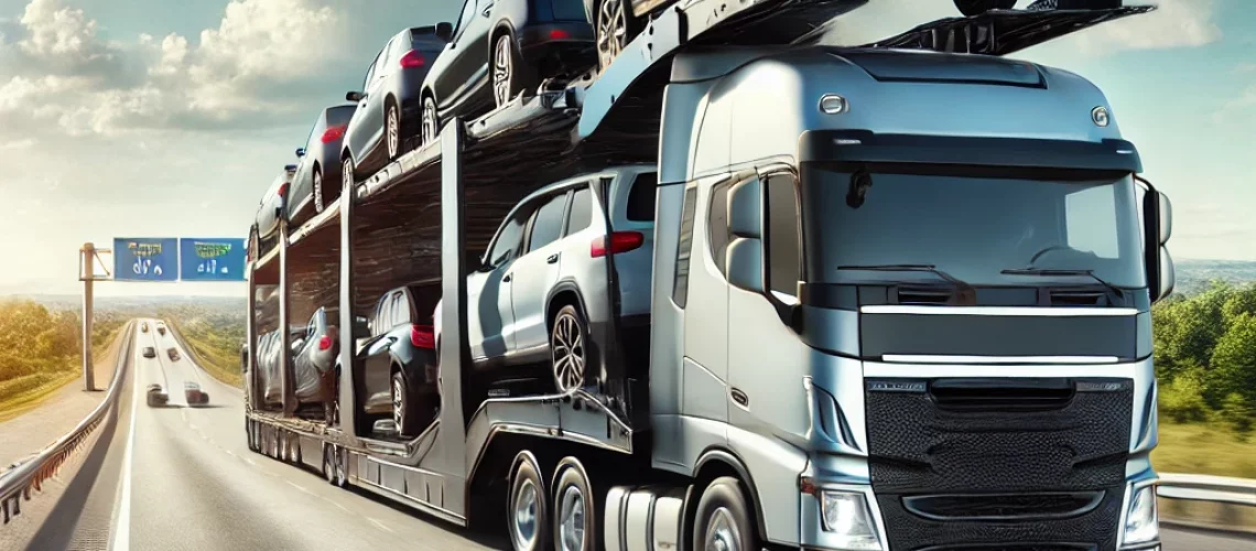 DALL·E 2025-02-23 20.23.01 - A professional car transport truck carrying multiple vehicles on a highway from Minnesota to Florida. The truck is in motion, showcasing a secure and