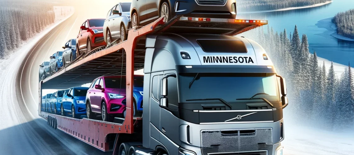 DALL·E 2025-02-23 20.35.32 - A professional auto transport truck carrying multiple vehicles on a highway from Minnesota to Florida. The truck is in motion, ensuring safe and relia