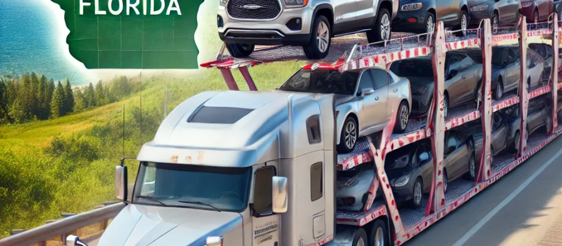 DALL·E 2025-03-01 10.51.00 - A professional car carrier truck transporting multiple vehicles on an open highway, heading from Wisconsin to Florida. The background features a trans