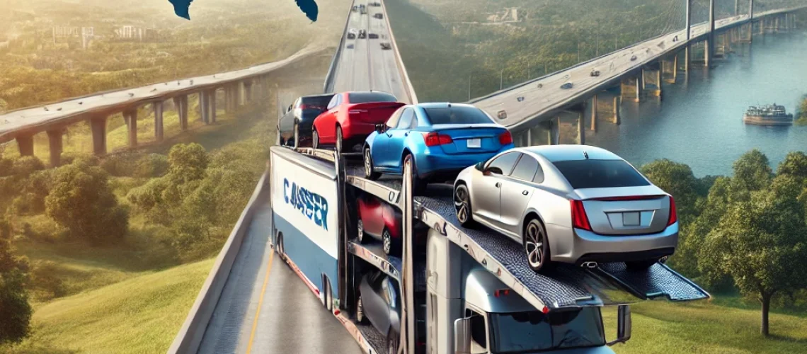 DALL·E 2025-03-01 11.03.24 - A professional car carrier truck transporting multiple vehicles on an open highway, heading from Missouri to Florida. The background transitions from