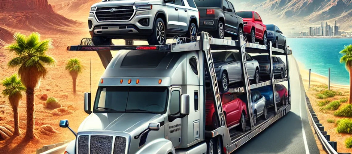 DALL·E 2025-03-01 11.20.28 - A professional car carrier truck transporting multiple vehicles on an open highway, heading from Nevada to Florida. The background transitions from Ne