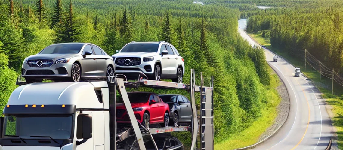 DALL·E 2025-03-04 20.48.05 - A professional auto transport truck driving through the scenic highways of New Hampshire, surrounded by lush forests and mountains. The truck is a mod
