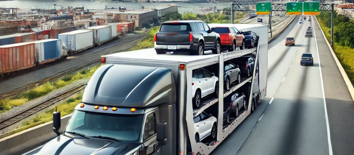 DALL·E 2025-03-04 20.56.19 - A professional auto transport truck driving through the highways of New Jersey, with the New York City skyline in the background. The truck is a moder