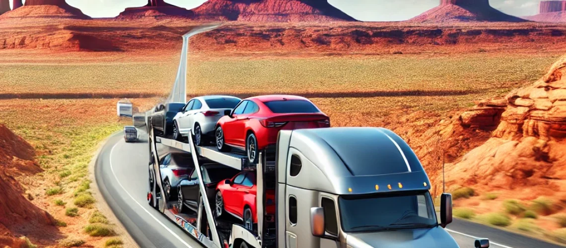DALL·E 2025-03-04 21.01.09 - A professional auto transport truck driving through the highways of New Mexico, surrounded by desert landscapes and red rock formations. The truck is