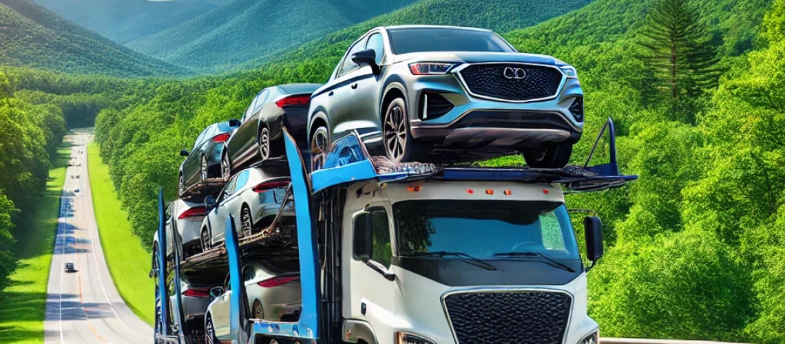 DALL·E 2025-03-04 21.07.16 - A professional auto transport truck driving through the highways of North Carolina, surrounded by lush green forests and rolling hills. The truck is a
