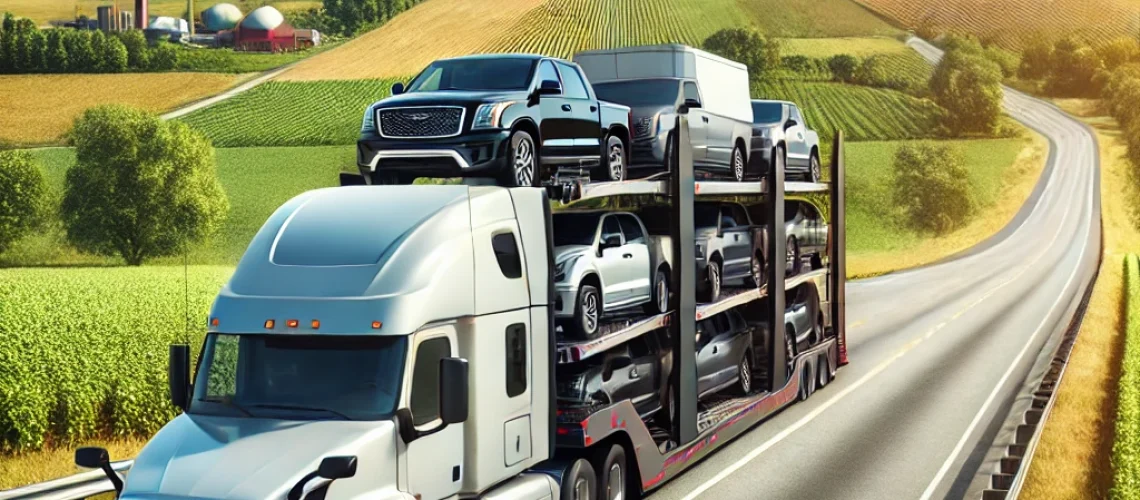 DALL·E 2025-03-04 21.16.28 - A professional auto transport truck driving through the highways of Ohio, passing by scenic farmland and rolling hills. The truck is a modern, efficie