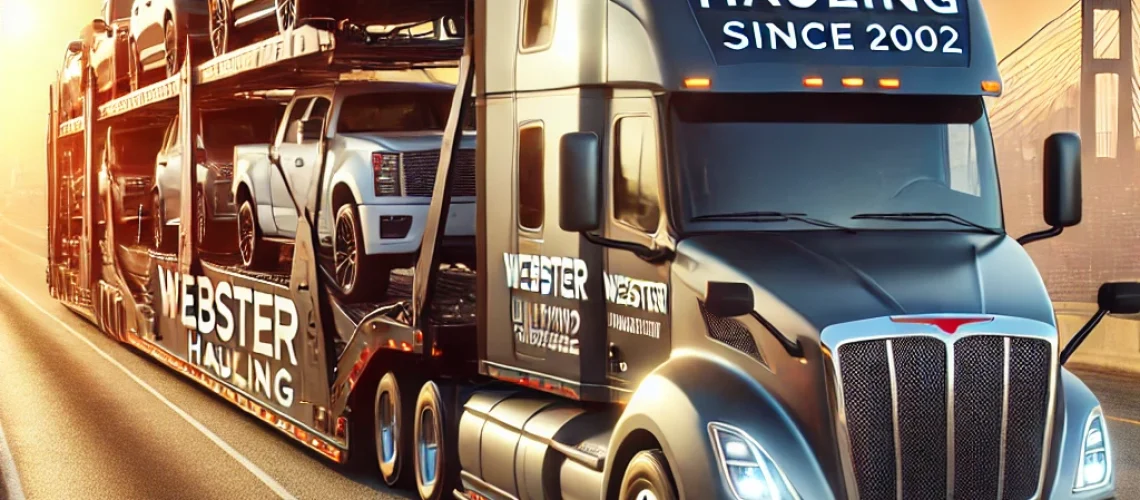 DALL·E 2025-03-16 10.42.58 - A professional, high-quality image of a modern auto transport truck carrying multiple vehicles on a highway during sunset. The truck is branded with '