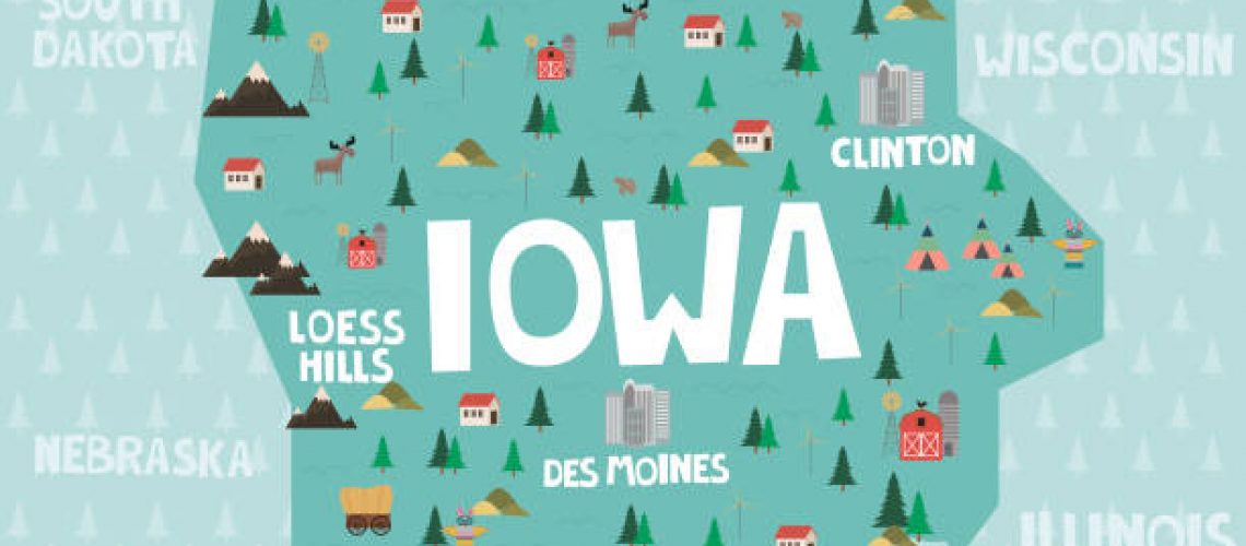 Illustrated map of the state of Iowa in United States with cities and landmarks. Editable vector illustration