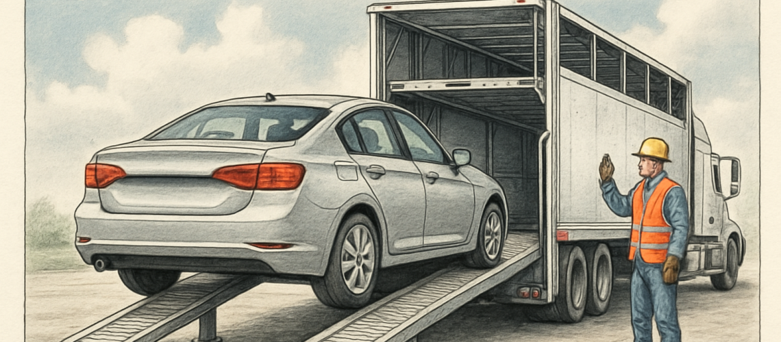 A car being loaded onto a transport truck, demonstrating auto transport tips