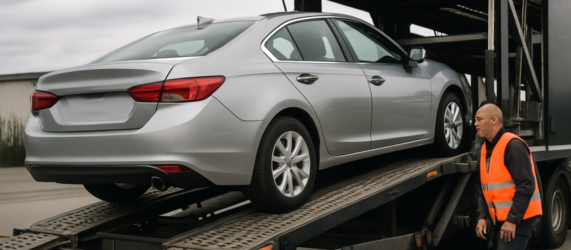Car shipping services with a car being loaded onto a truck