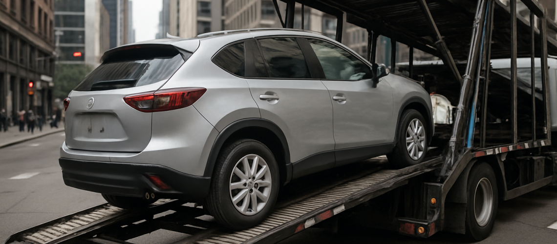 Car shipping tips illustrated with a car on a transport truck