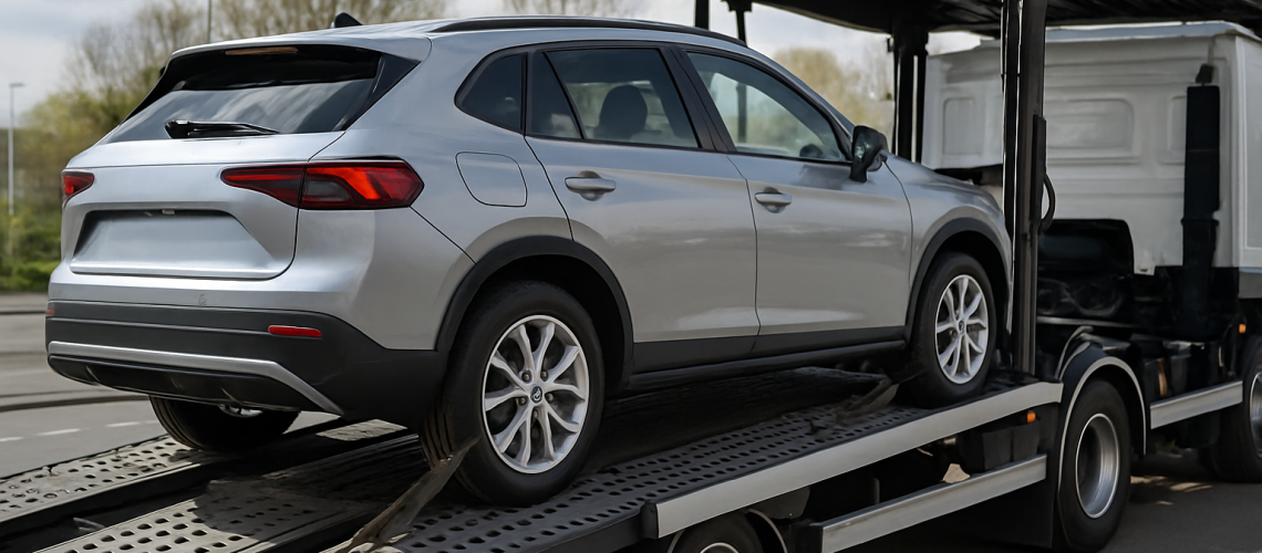 Car transport company loading a vehicle onto a truck