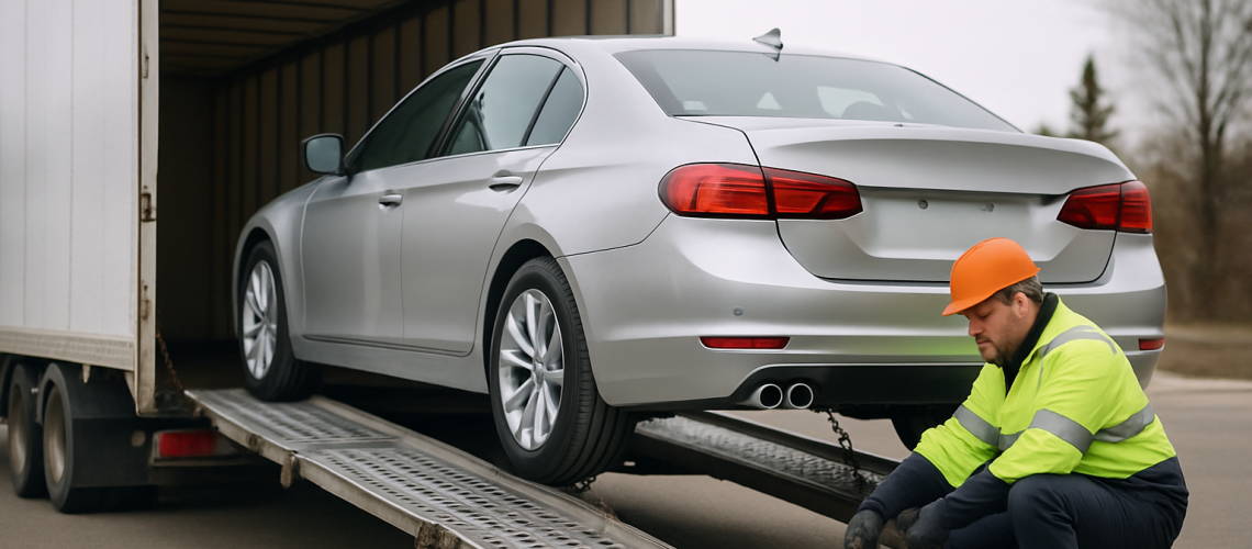 Car transport company loading a vehicle onto a truck