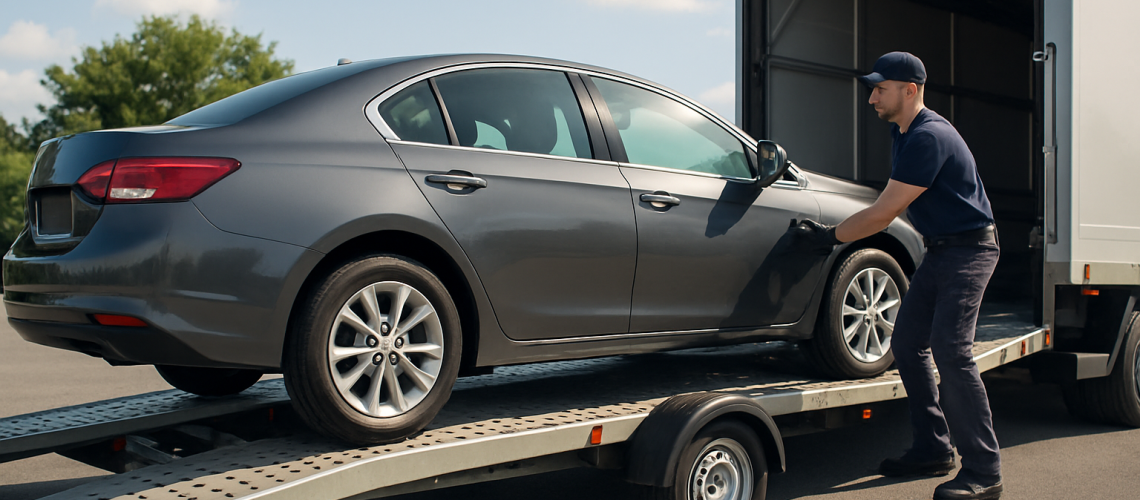 Car transport service loading sedan onto trailer