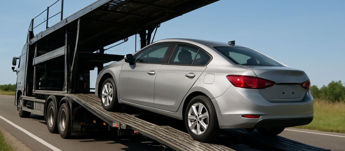 Car transport services showing a car being loaded onto a truck