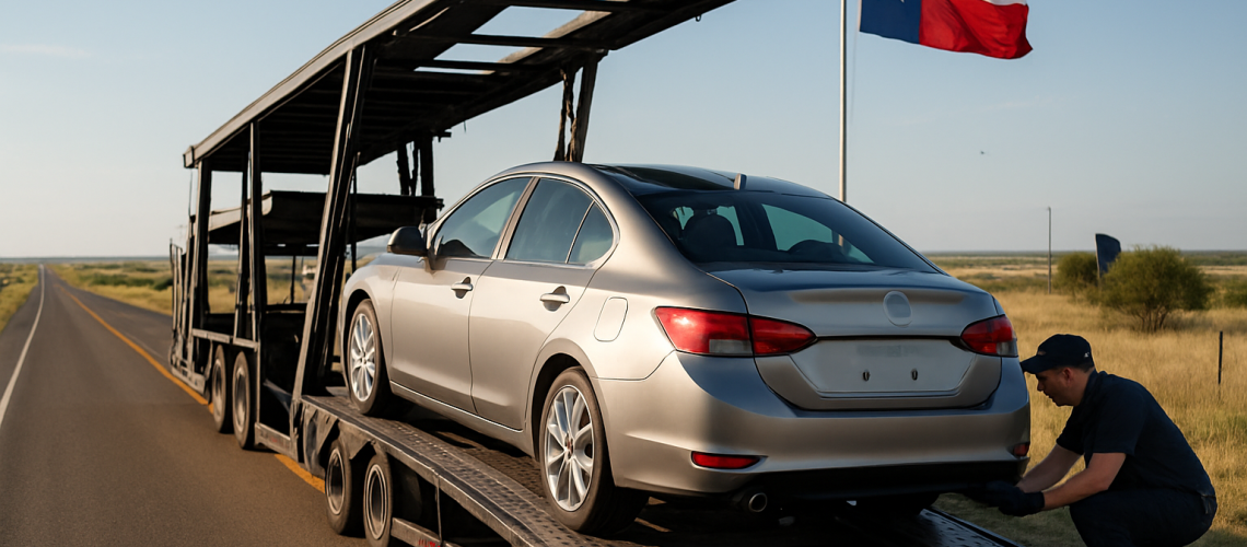 Car being loaded onto transport carrier in Texas