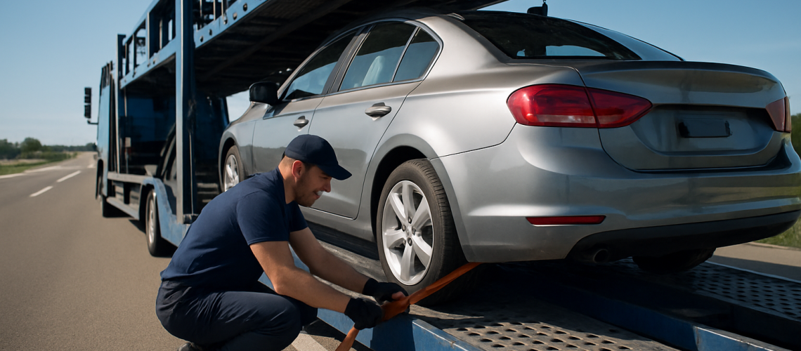 A car being loaded onto a transport carrier, illustrating how car transport works.