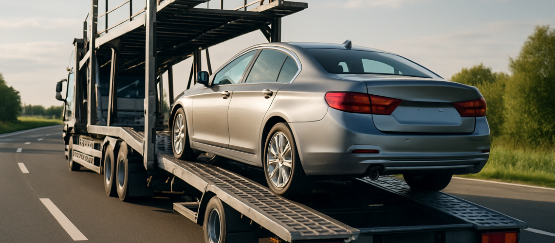 An image showing a car being loaded onto a transport truck, representing nationwide car transport.