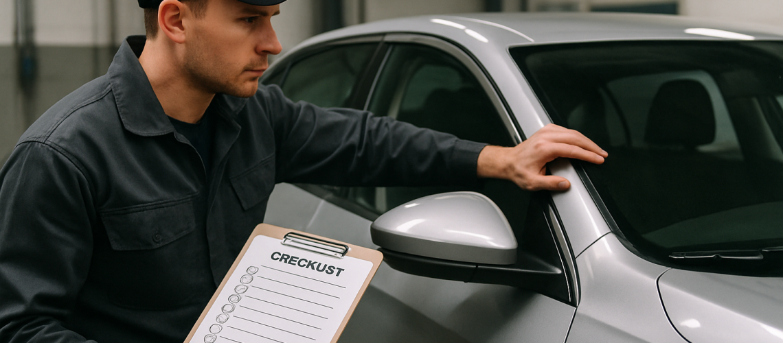 A person inspecting a car for shipping preparation