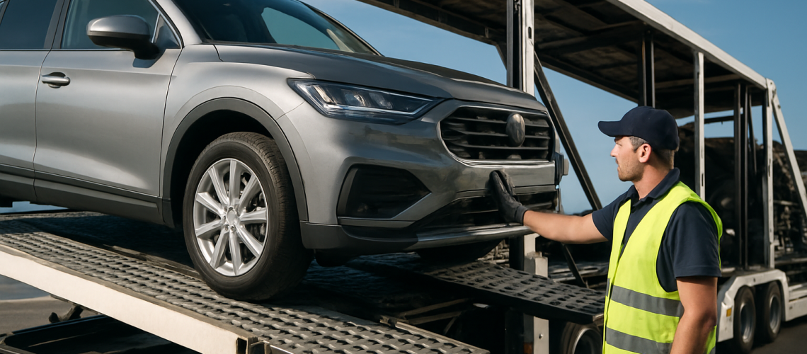 Reliable auto transport services depicted with a car being loaded onto a trailer