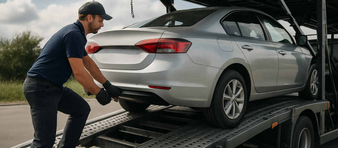 Reliable auto transport with a car being loaded onto truck