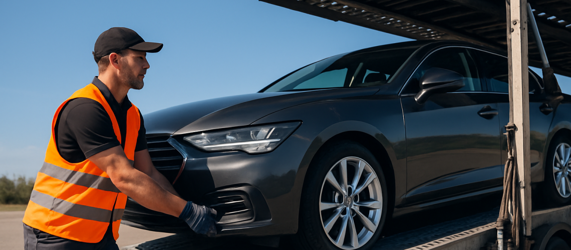 A car being loaded onto a carrier by a reliable car shipping service