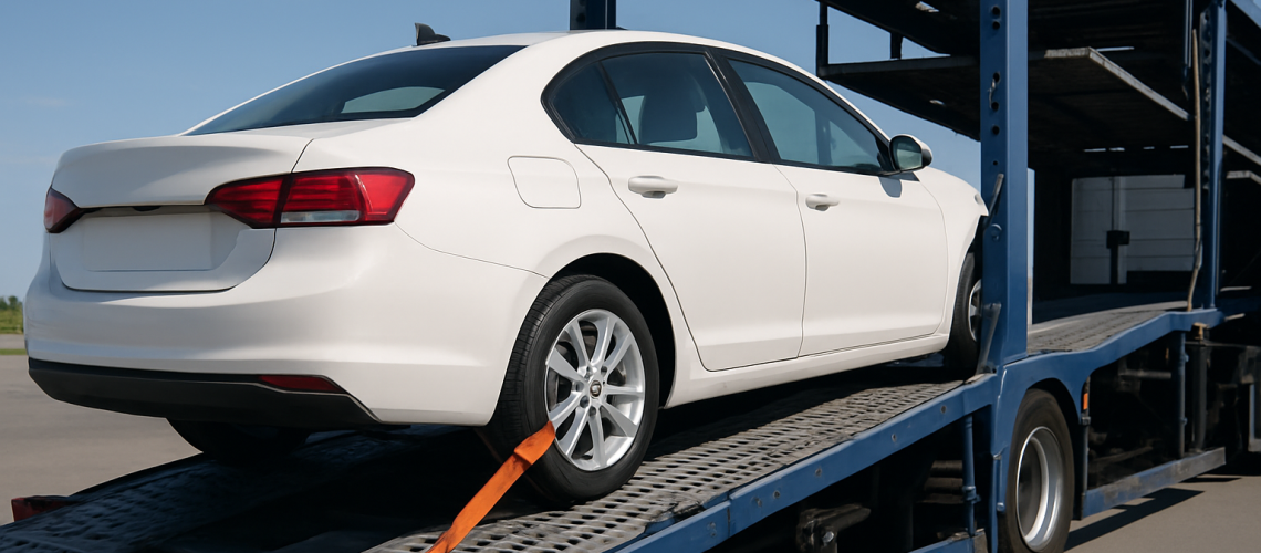A professional car transport truck loading a vehicle safely