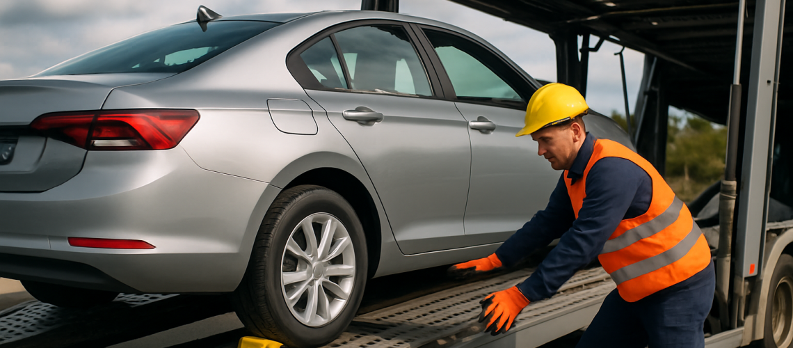 A car being safely loaded onto a transport truck