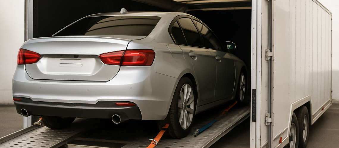 Safe car transport with a vehicle loaded onto an enclosed carrier, ensuring protection.