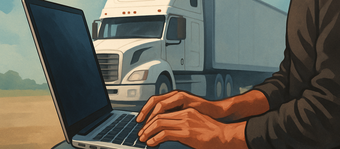 SEO blog writer for Webster Hauling typing on a laptop with a truck in the background